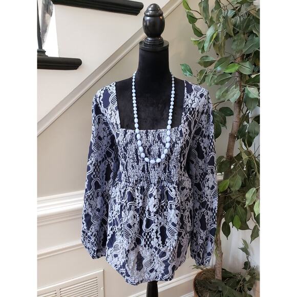 Women's Suzanne Betro Navy Lace Print 3X Top with Smocked Waist and Long Sleeves - Picture 1 of 9